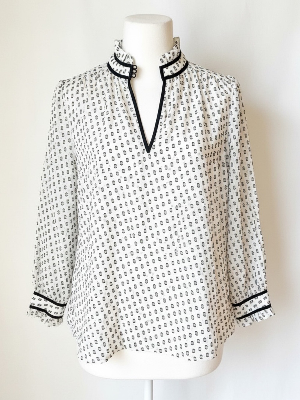 J. Crew White Blouse with Black Geometric Print